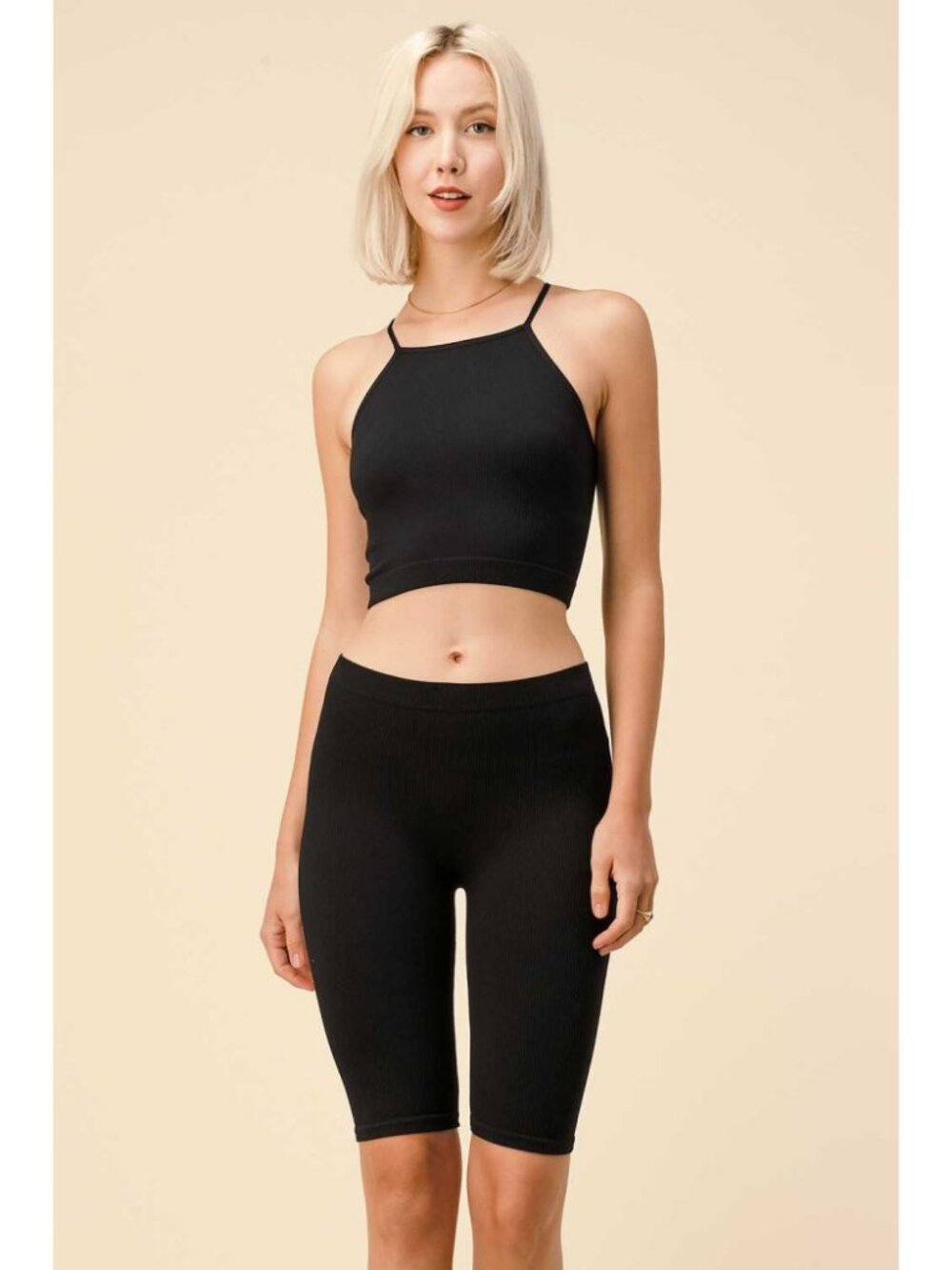New Mix Black Ribbed Crop Tank Top & Biker Shorts Set
